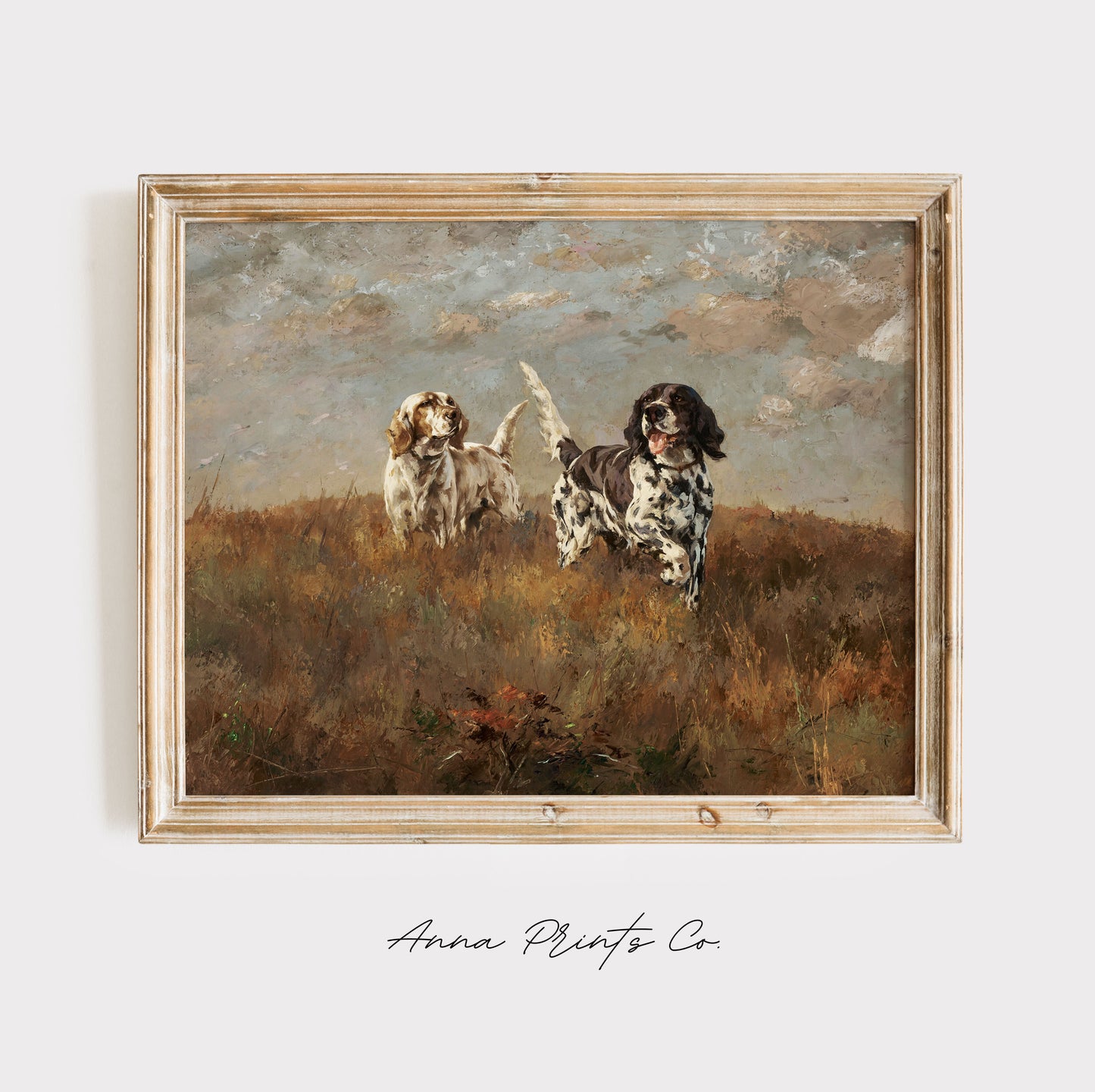 Vintage art print of Hilltop- Two Setters Dog Painting displayed in wooden frame