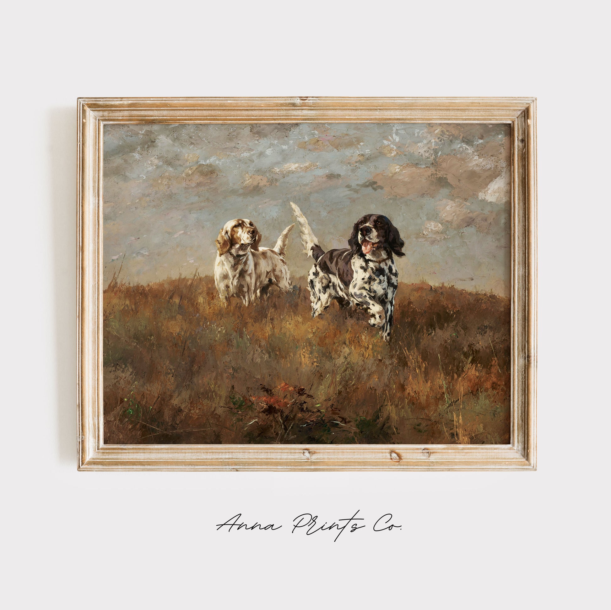 Vintage art print of Hilltop- Two Setters Dog Painting displayed in wooden frame