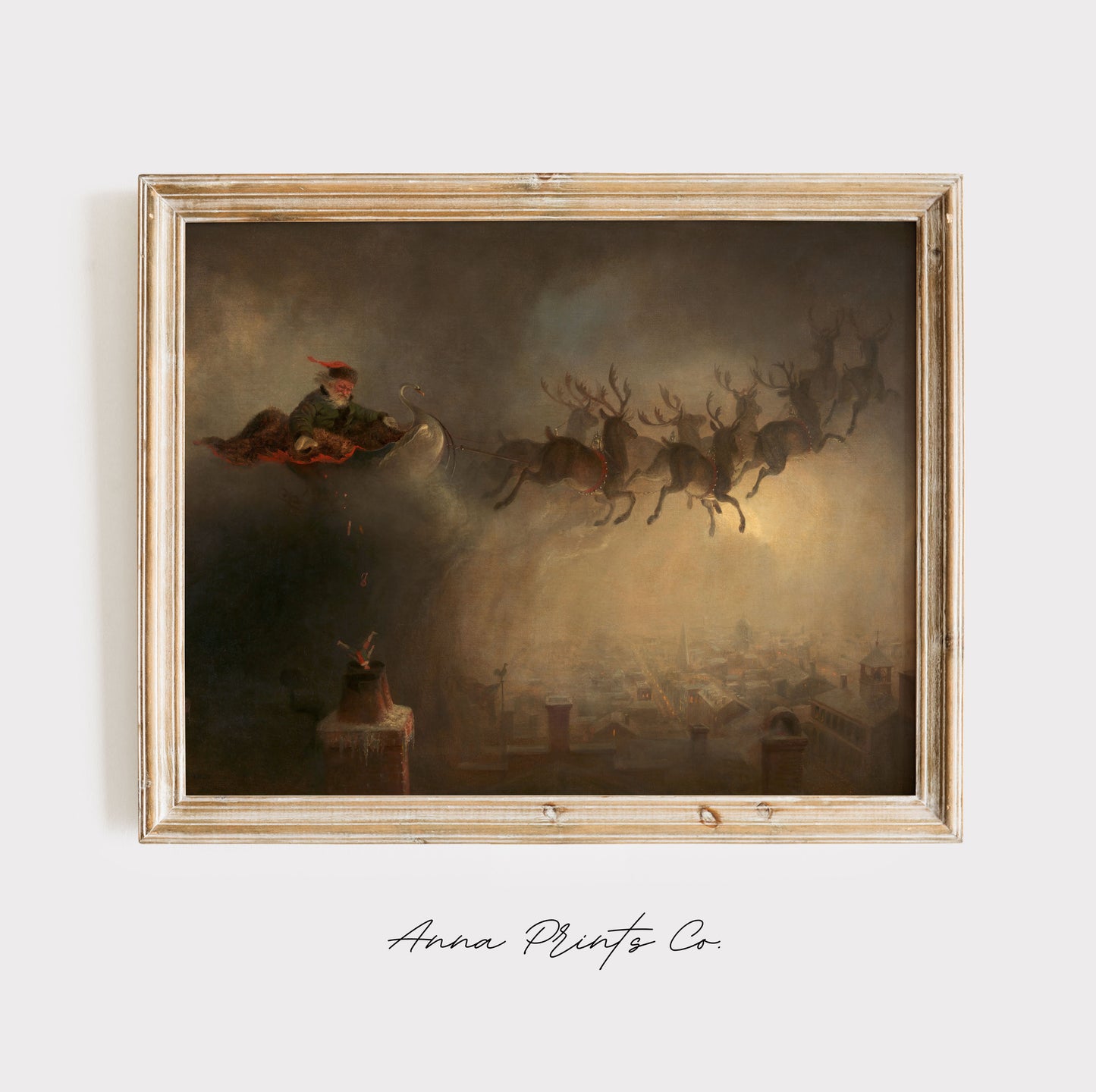 Vintage art print of Santa Claus Christmas Artwork displayed in wooden frame