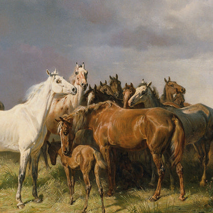 Painting of a group of horses and a foal in a field with a cloudy sky.