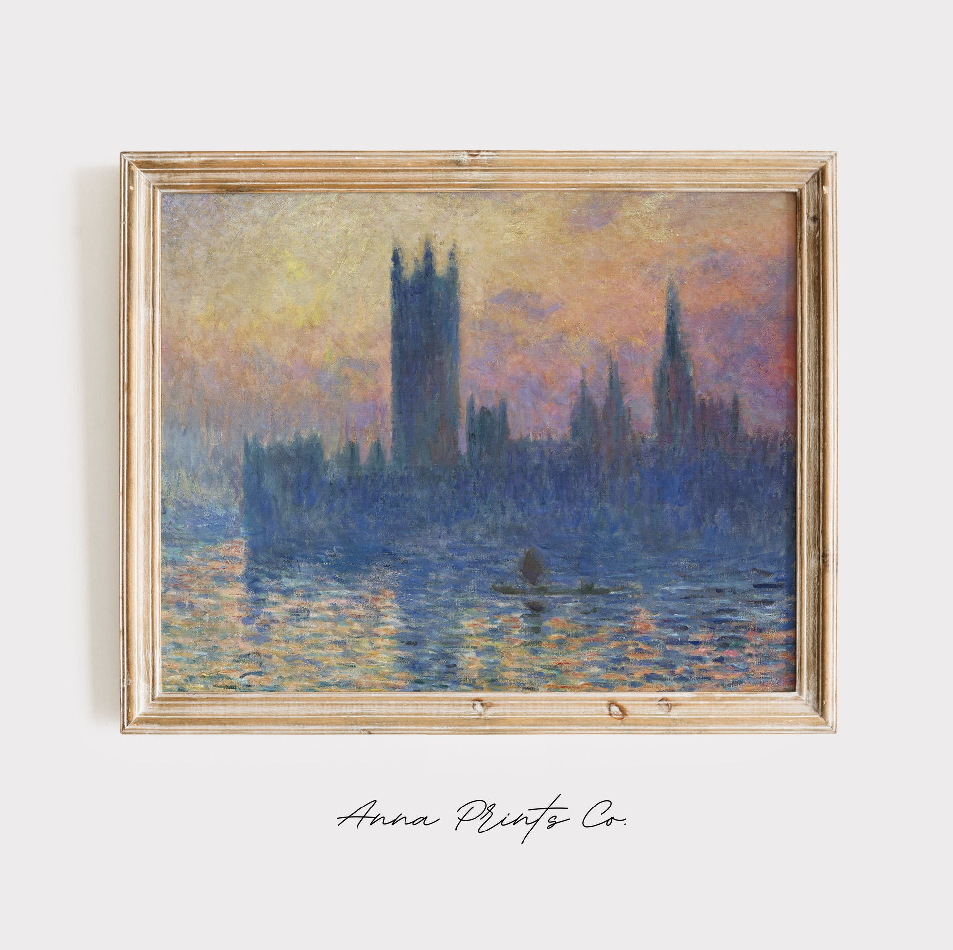 Vintage art print of The Houses of Parliament by Monet displayed in wooden frame