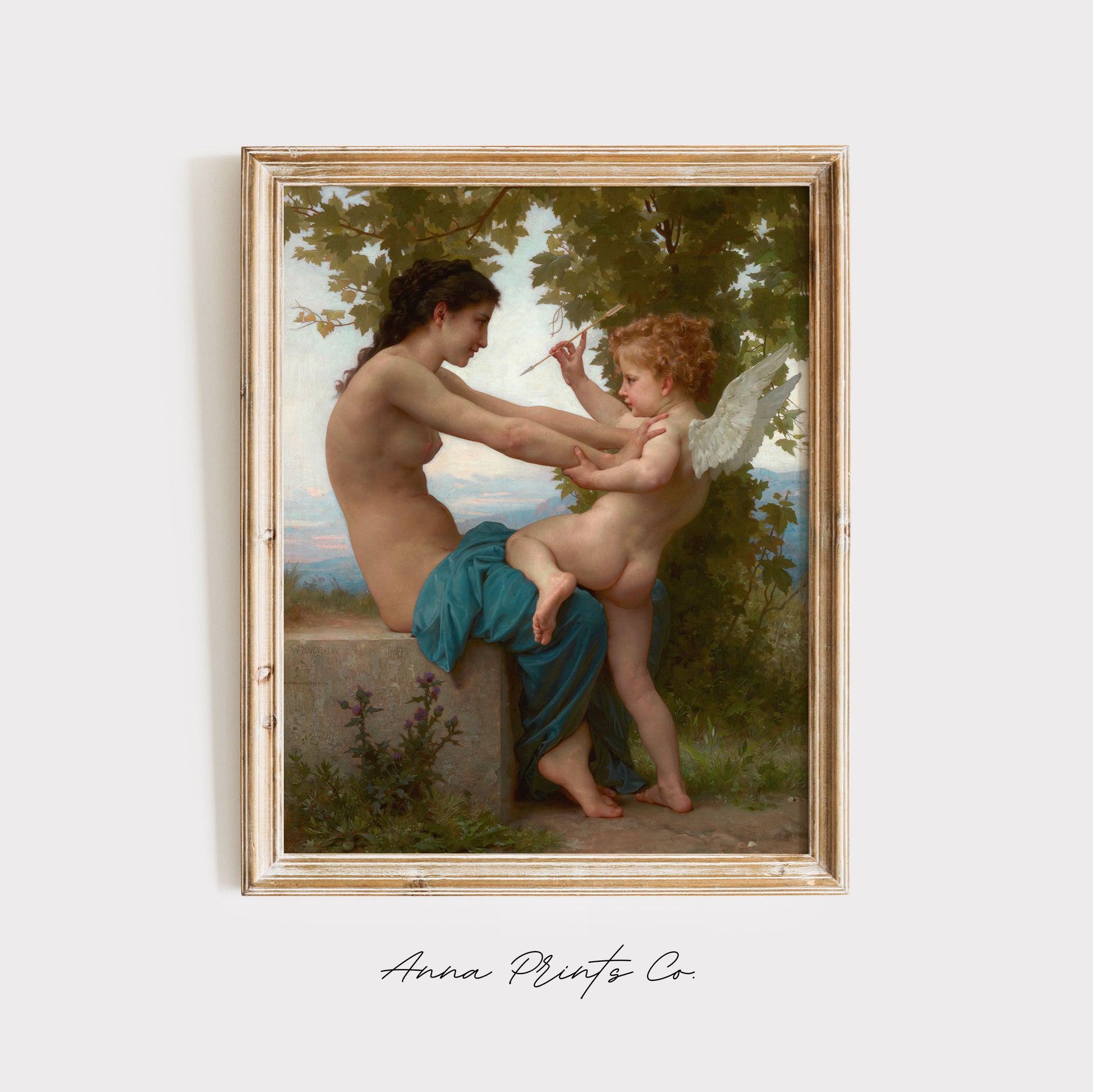 Vintage art print of Woman and Eros by Bouguereau displayed in wooden frame