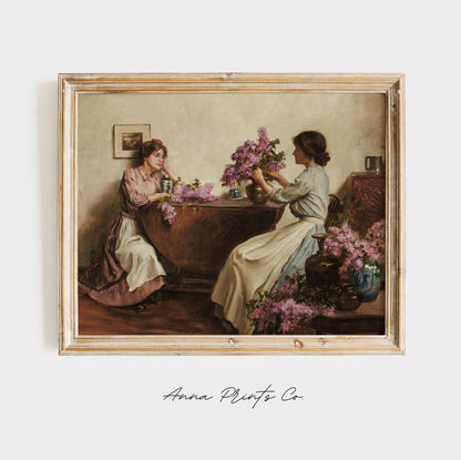 Vintage art print of Women Arranging Flowers Painting displayed in wooden frame