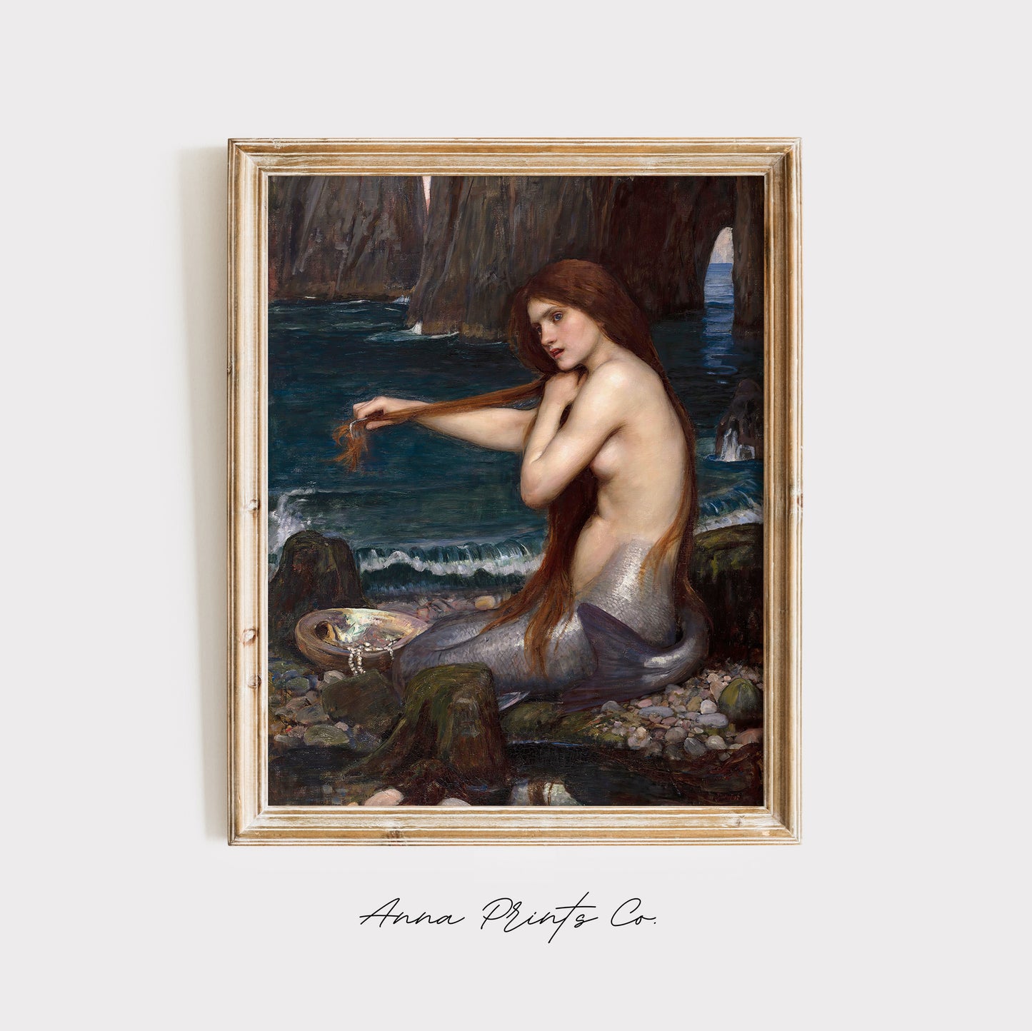Vintage art print of A Mermaid Painting by Waterhouse displayed in wooden frame