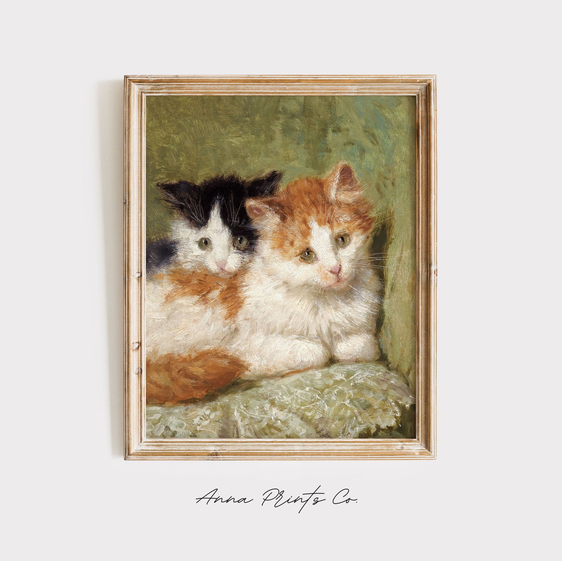 Vintage art print of Two Kittens Animal Artwork displayed in wooden frame