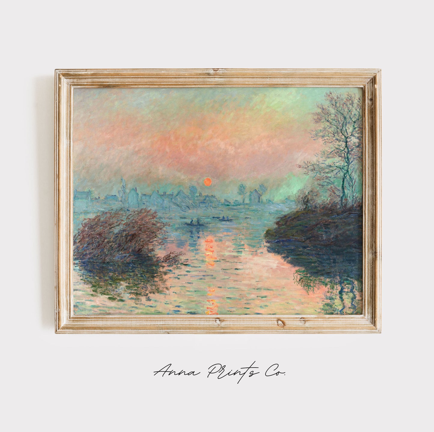 Vintage art print of Sun Setting on the Seine by Monet displayed in wooden frame