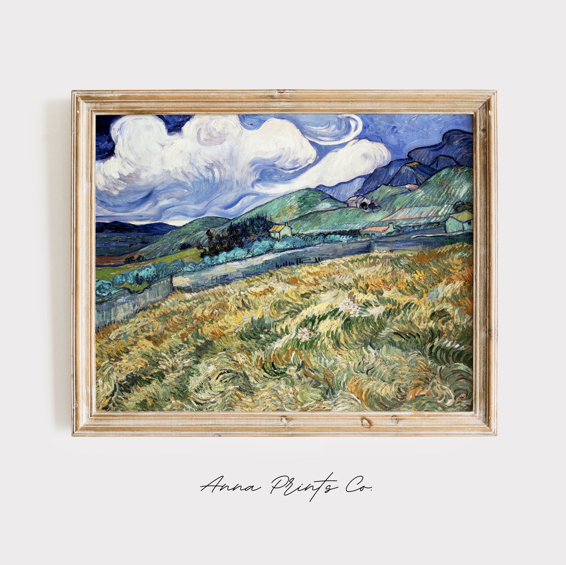 Vintage art print of Landscape Saint-Remy by Van Gogh displayed in wooden frame