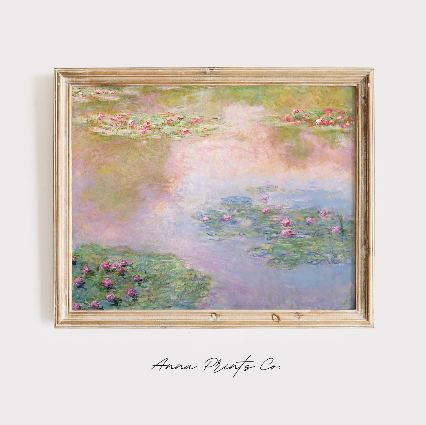 Vintage art print of Water Lilies Painting by Monet displayed in wooden frame