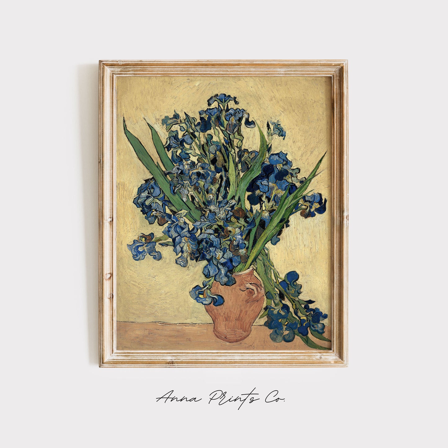 Vintage art print of Irises by Van Gogh, 1890) displayed in wooden frame