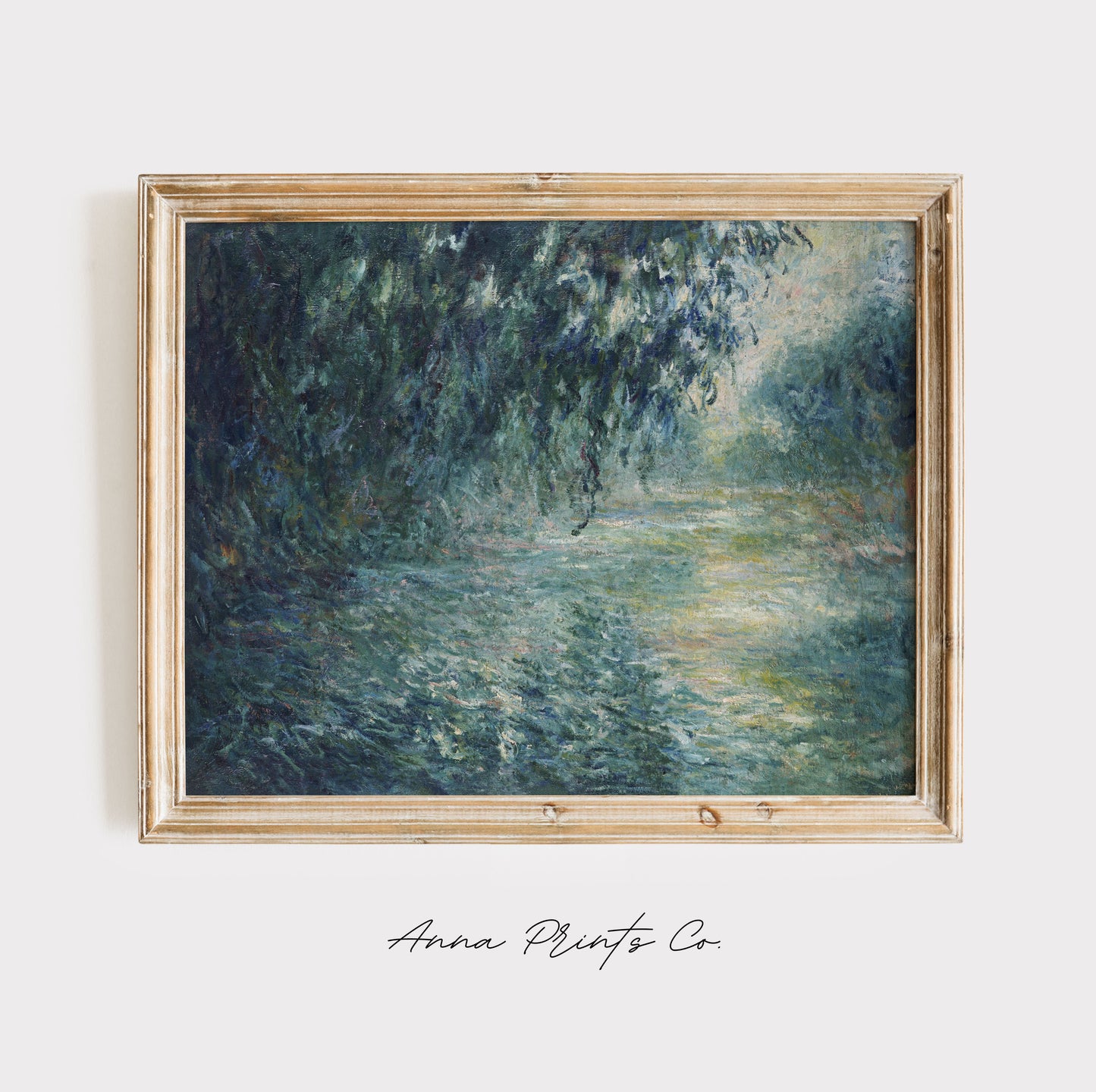Vintage art print of Morning on the Seine by Monet displayed in wooden frame