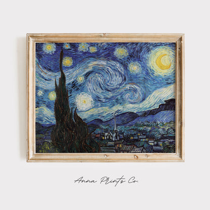 Vintage art print of The Starry Night by Van Gogh displayed in wooden frame