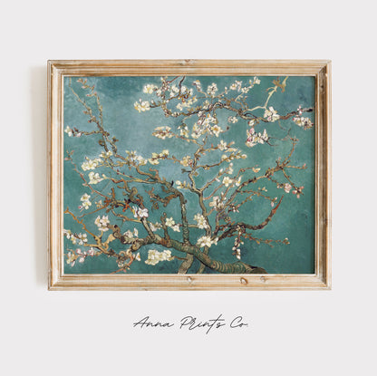 Vintage art print of Almond Blossom by Van Gogh displayed in wooden frame