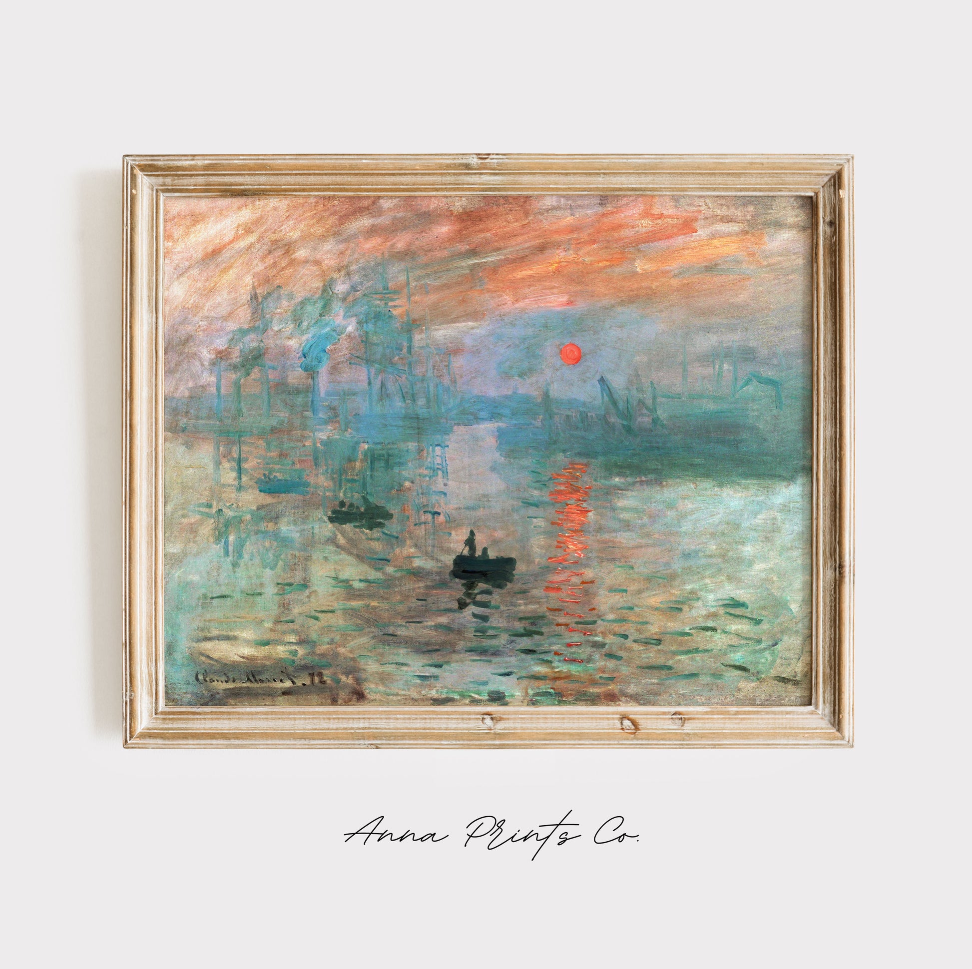 Vintage art print of Impression, Sunrise by Monet displayed in wooden frame