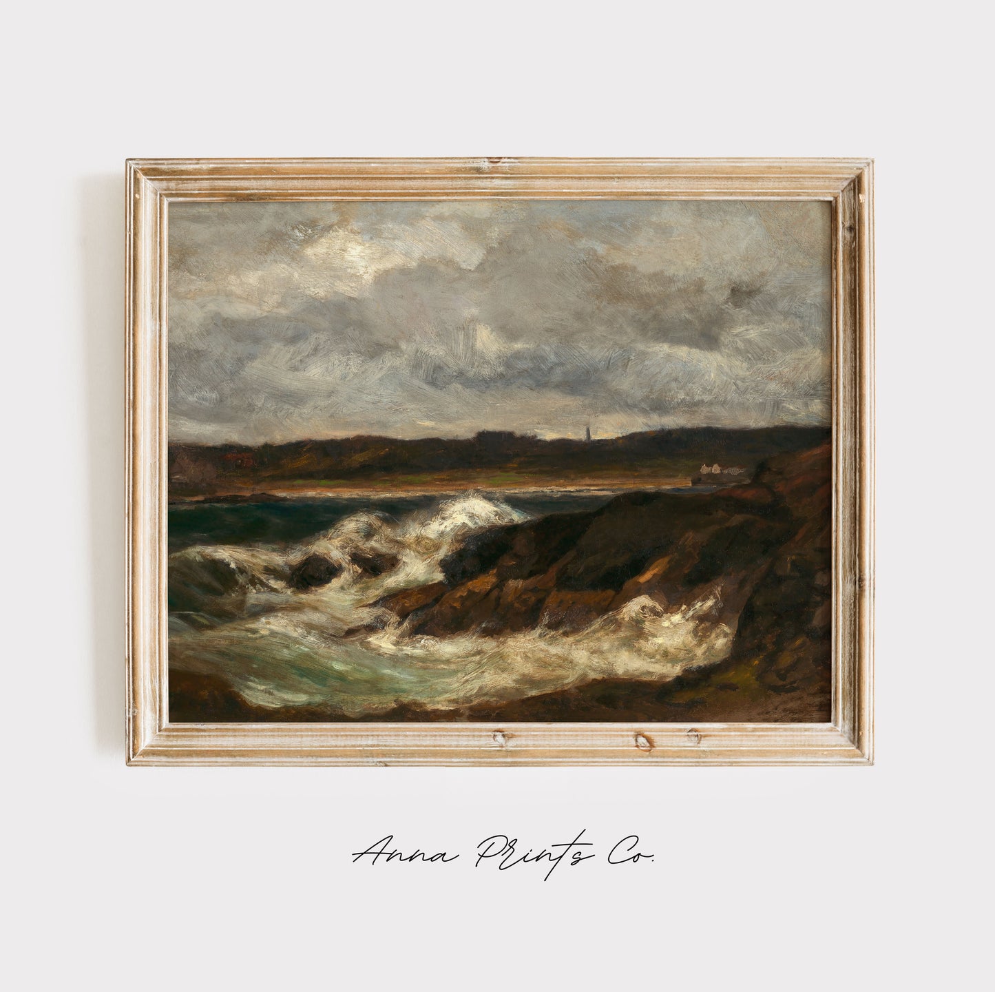 Vintage art print of Newport Moody Seascape Painting displayed in wooden frame