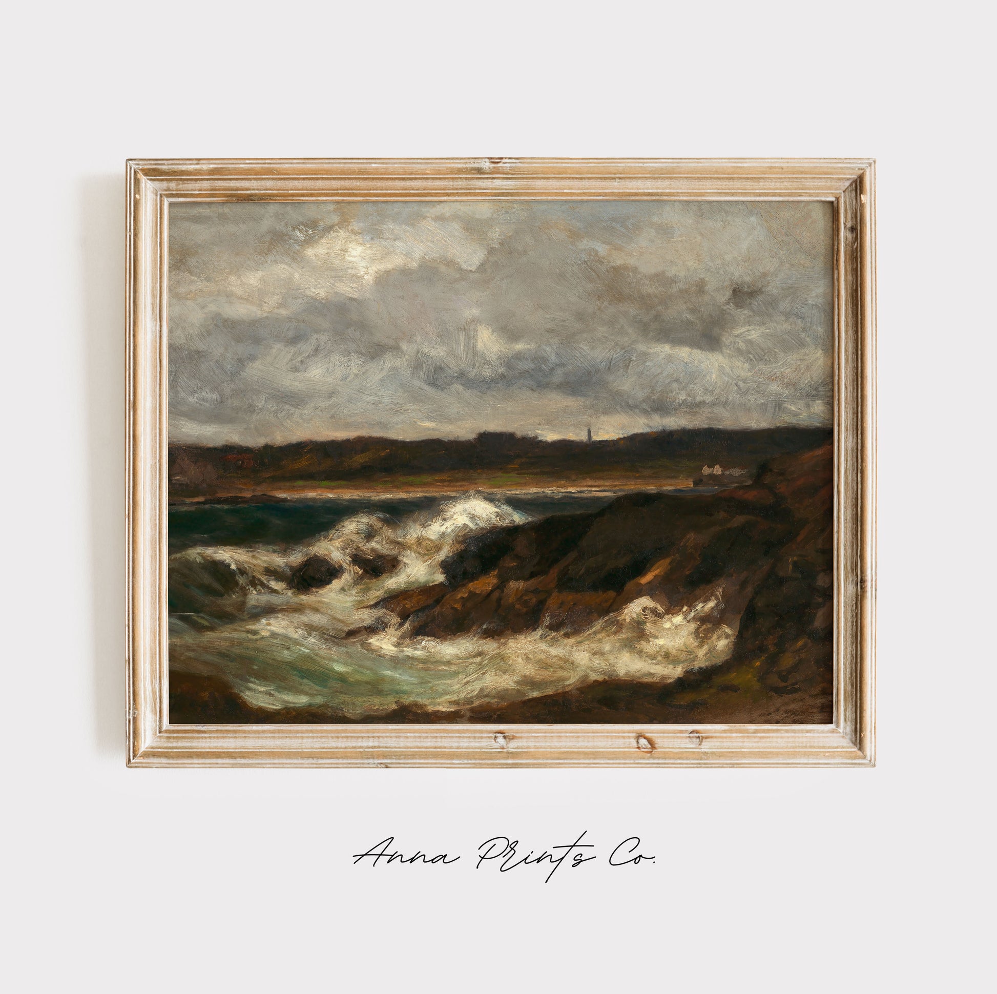 Vintage art print of Newport Moody Seascape Painting displayed in wooden frame