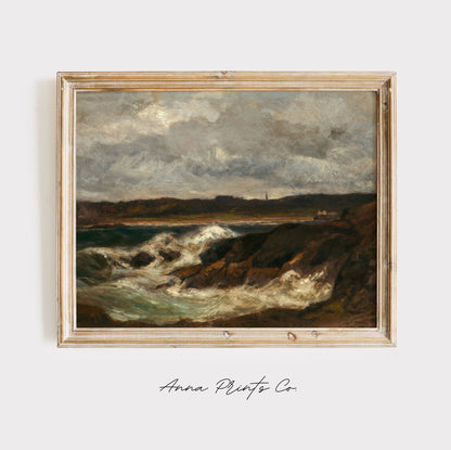 Vintage art print of Newport Moody Seascape Painting displayed in wooden frame