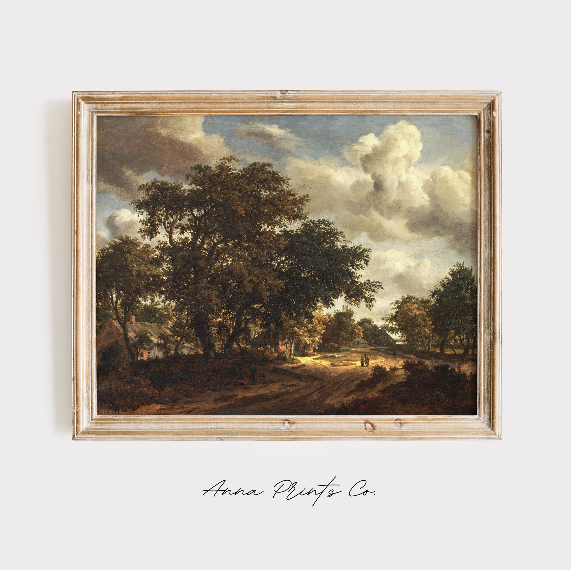 Vintage art print of Moody 17th Century Landscape displayed in wooden frame