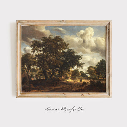 Vintage art print of Moody 17th Century Landscape displayed in wooden frame