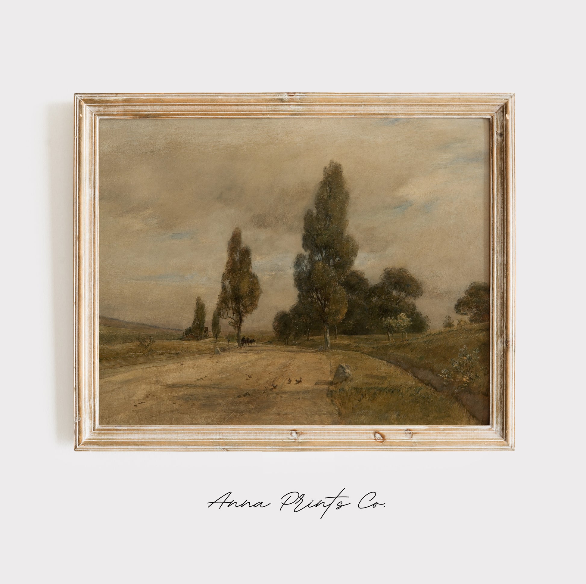 Vintage art print of Moody Neutral Landscape Painting displayed in wooden frame
