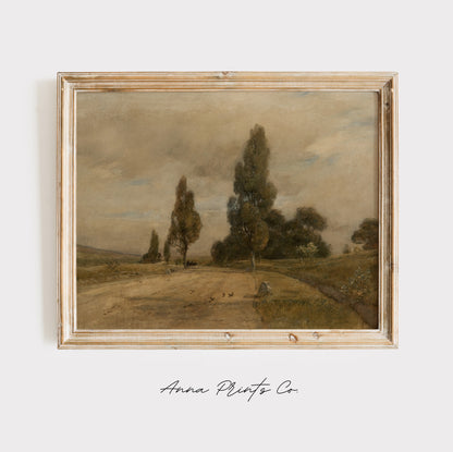 Vintage art print of Moody Neutral Landscape Painting displayed in wooden frame