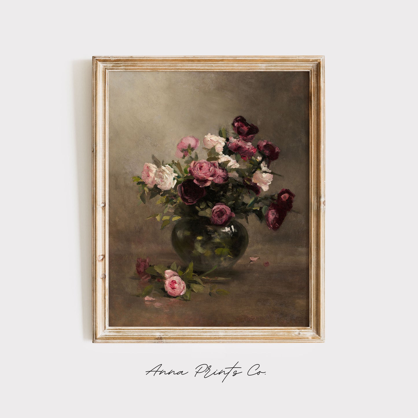 Vintage art print of Vase of Roses Still Life Painting displayed in wooden frame