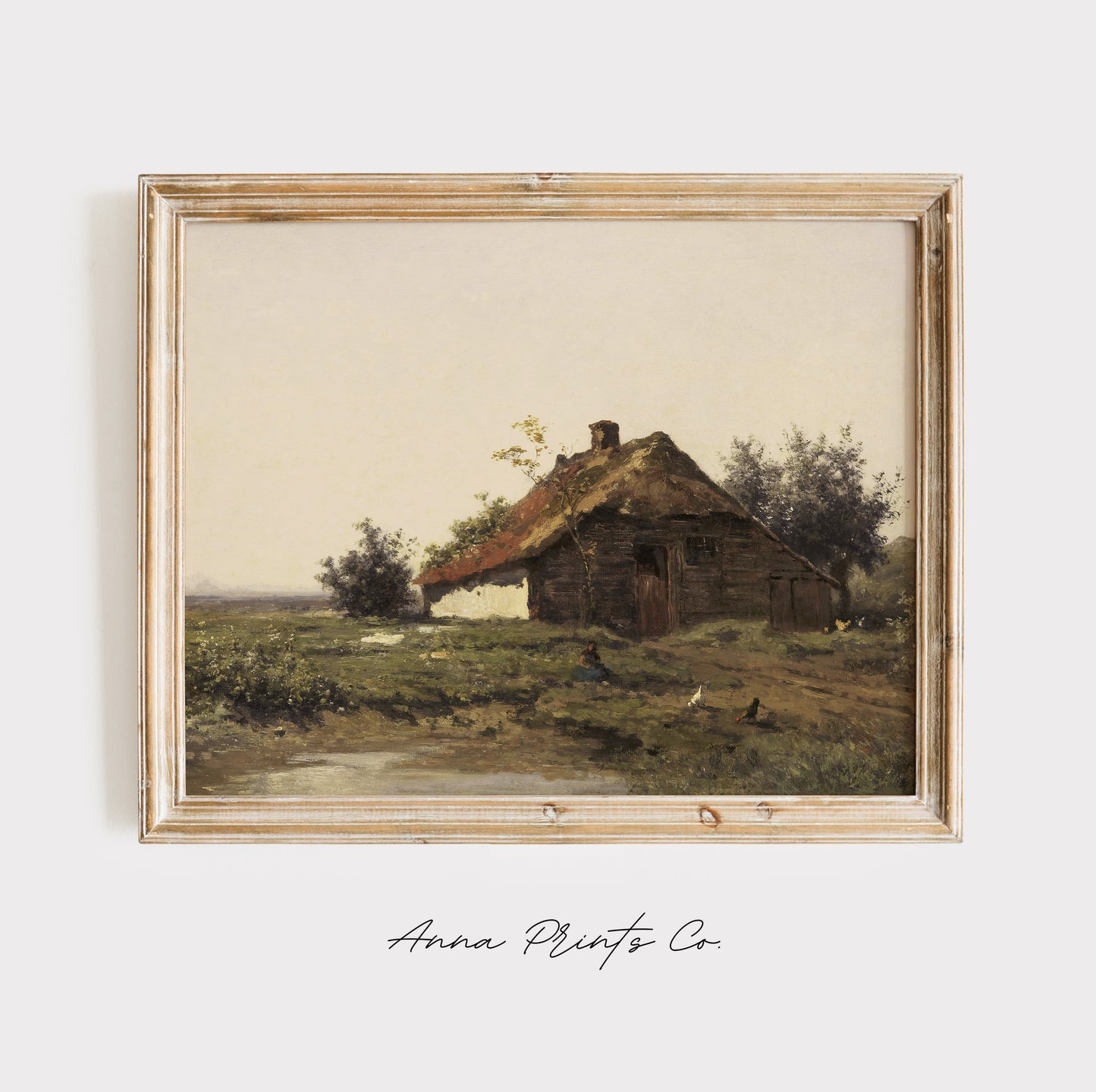 Vintage art print of Country Farm Landscape Painting displayed in wooden frame