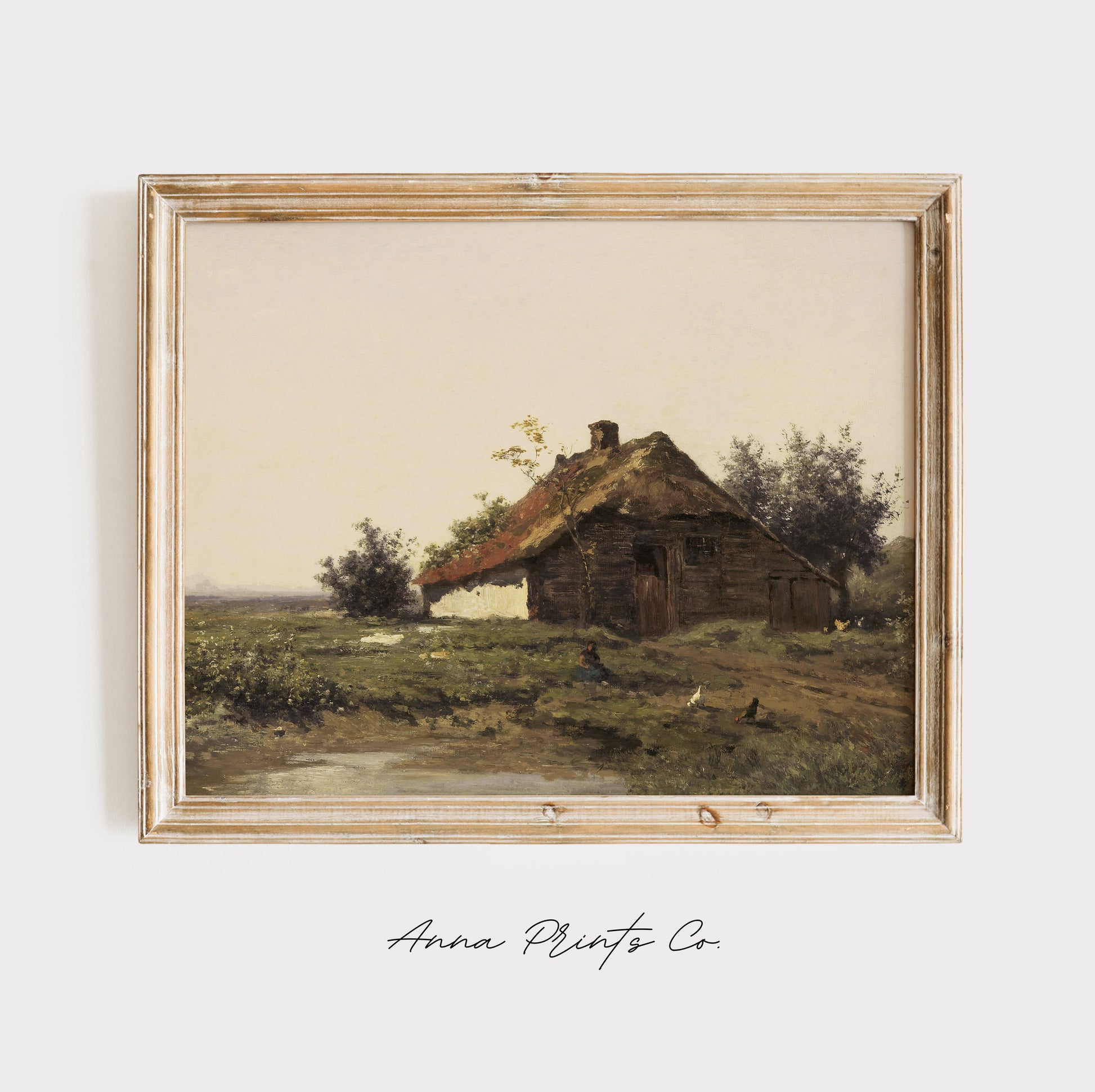 Vintage art print of Country Farm Landscape Painting displayed in wooden frame