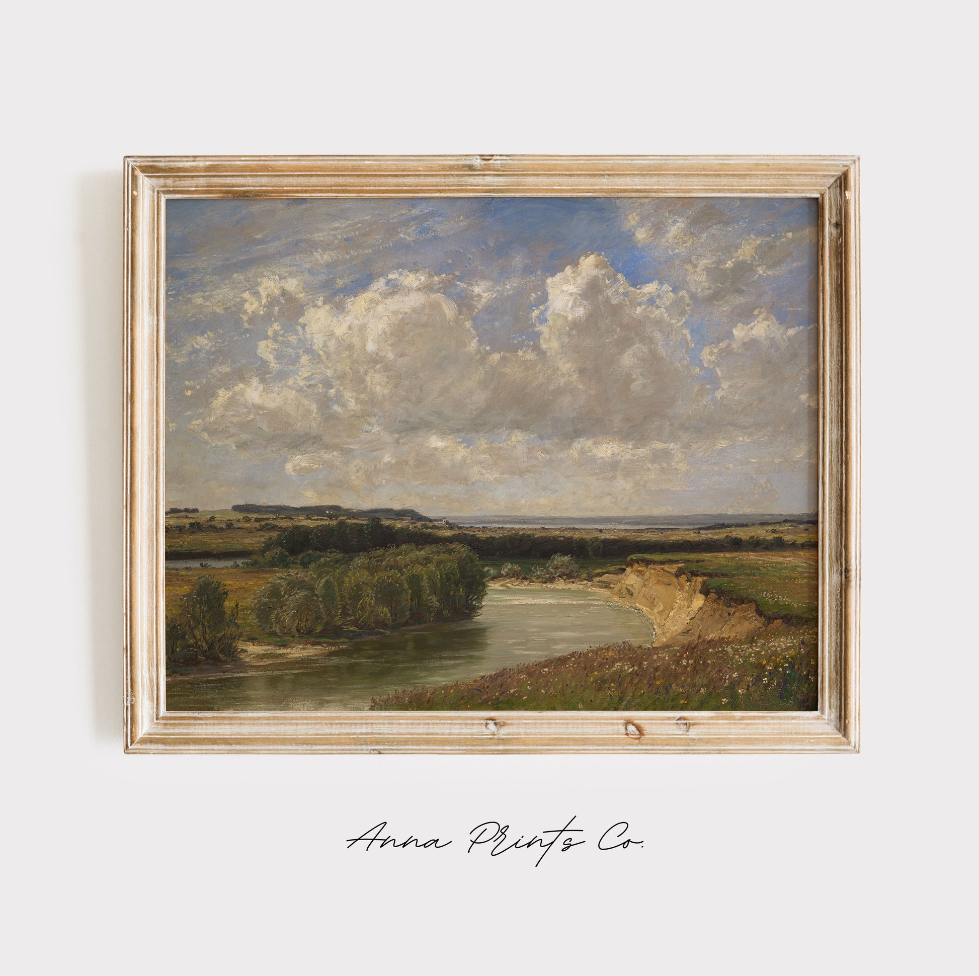 Vintage art print of At the River Amper Landscape displayed in wooden frame