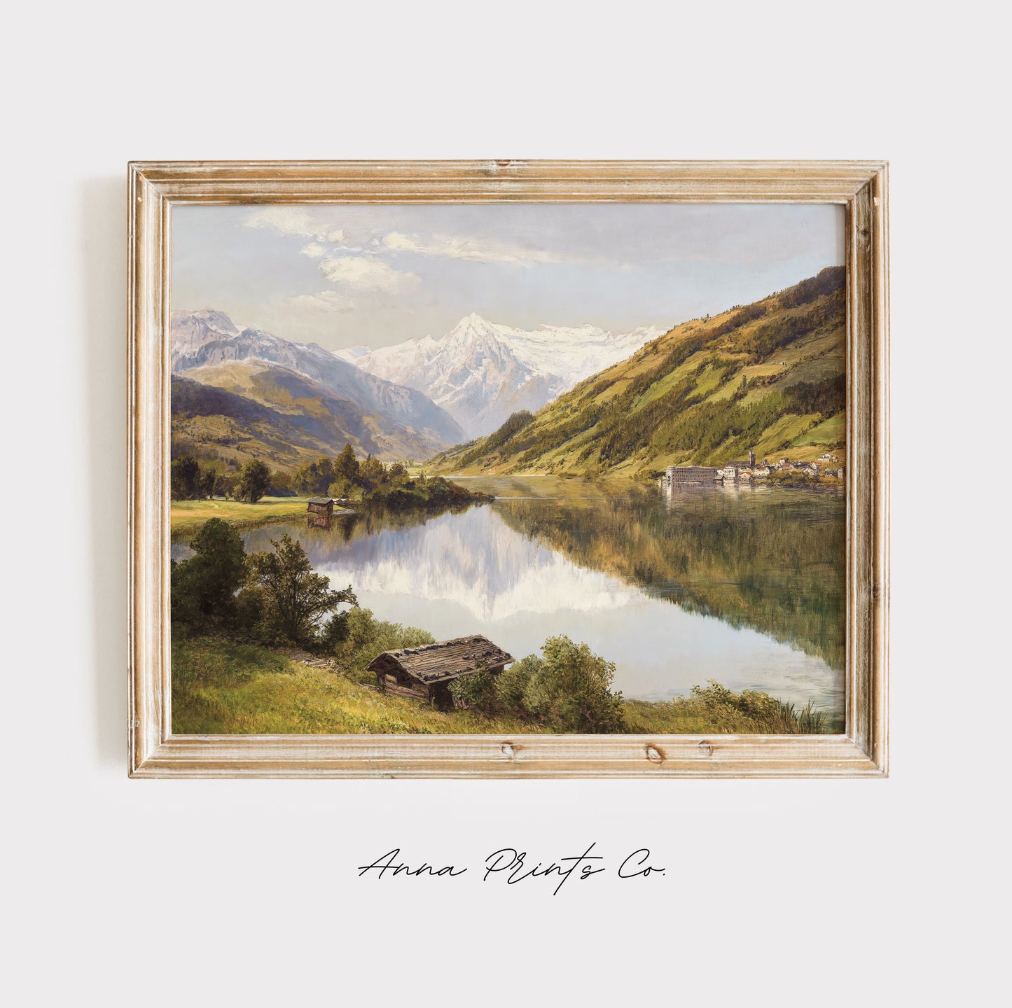 Vintage art print of Mountain Lake Landscape Painting displayed in wooden frame