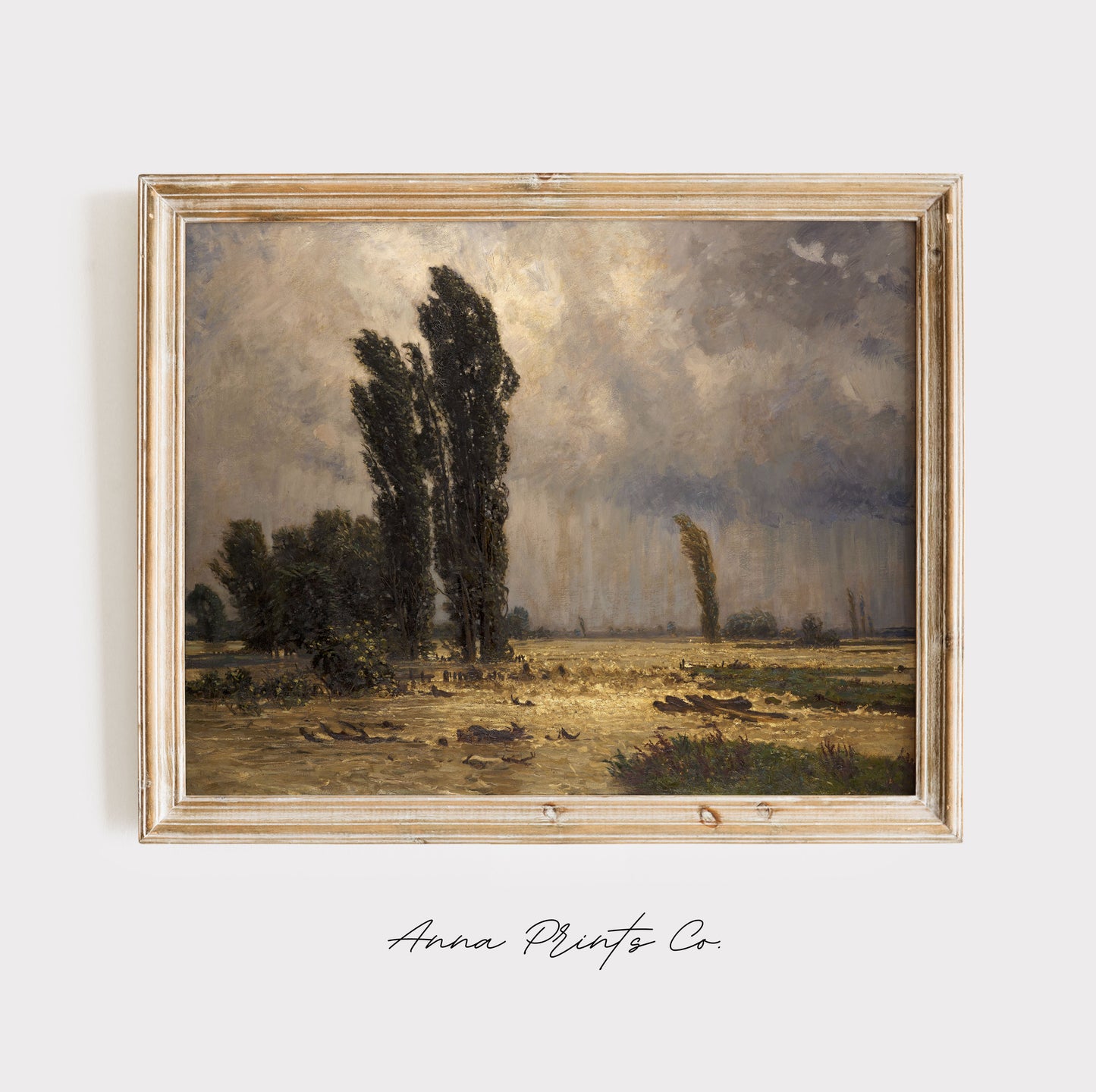 Vintage art print of Flood Moody Landscape Painting displayed in wooden frame