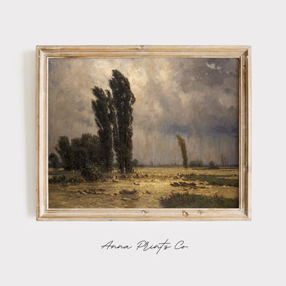 Vintage art print of Flood Moody Landscape Painting displayed in wooden frame