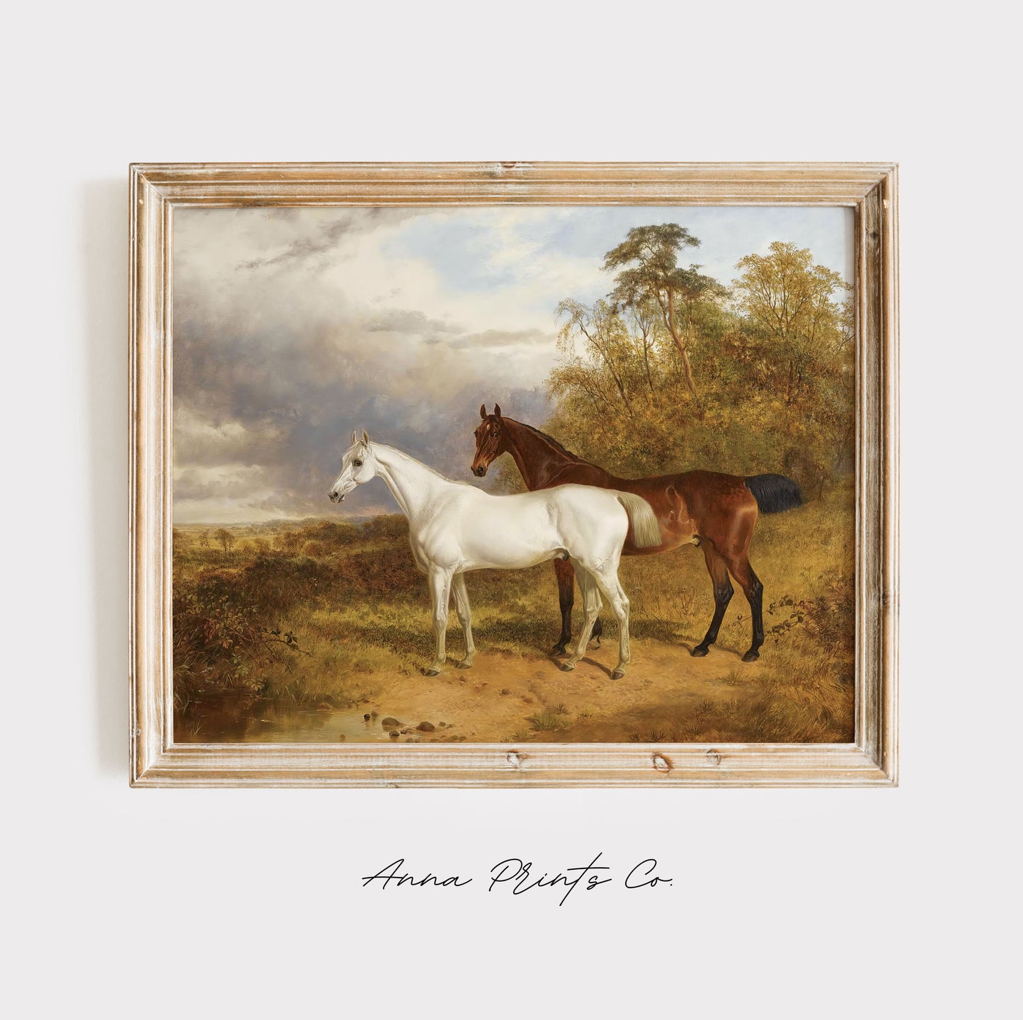 Vintage art print of A Bay and Grey Horse Painting displayed in wooden frame