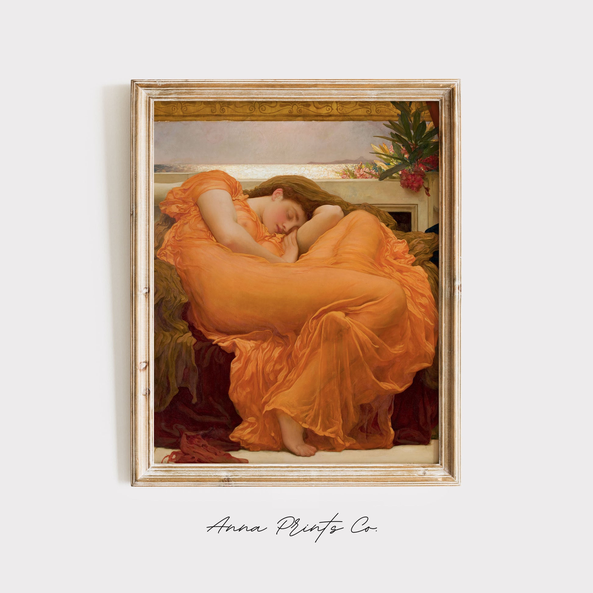 Vintage art print of Flaming June Painting by Leighton displayed in wooden frame