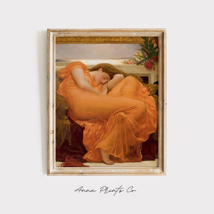 Vintage art print of Flaming June Painting by Leighton displayed in wooden frame