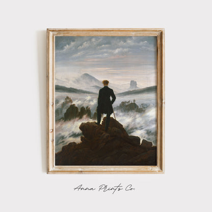 Vintage art print of Wanderer above the Sea of Fog displayed in wooden frame