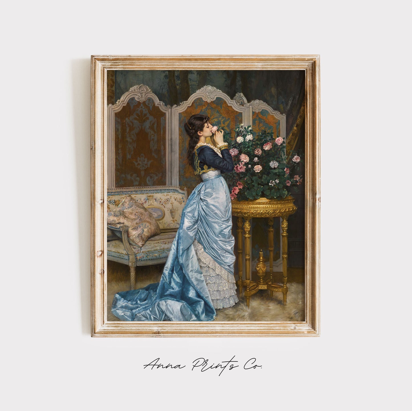 Vintage art print of Day Dreaming by Toulmouche displayed in wooden frame