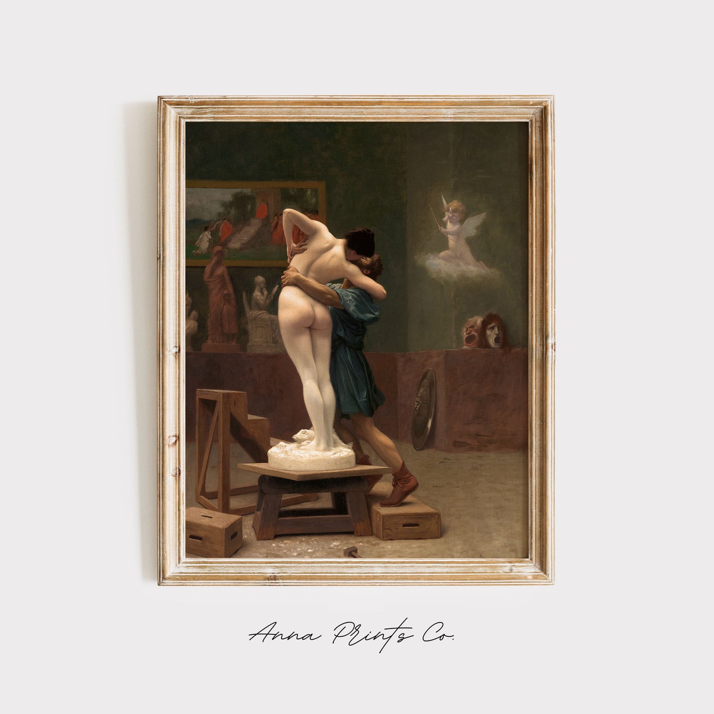 Vintage art print of Pygmalion and Galatea Mythology displayed in wooden frame