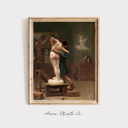 Vintage art print of Pygmalion and Galatea Mythology displayed in wooden frame