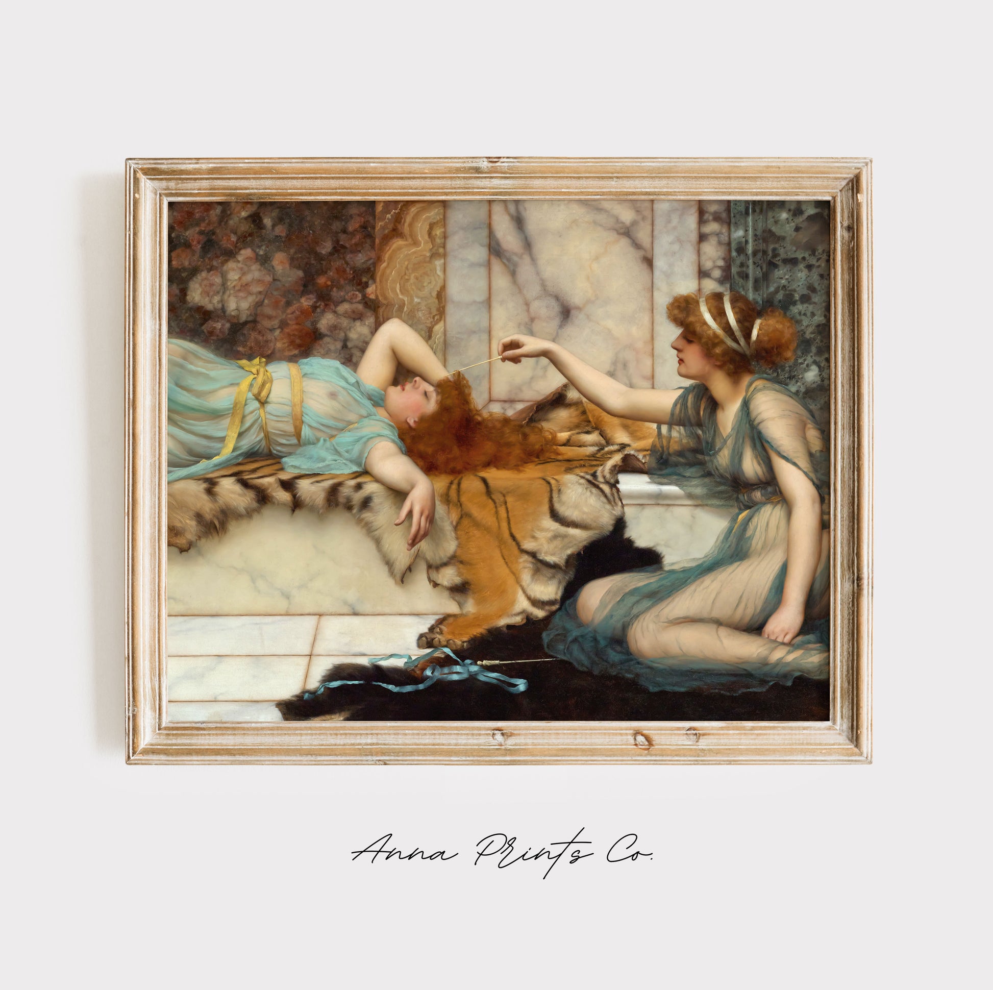 Vintage art print of Mischief and Repose Classical Artwork displayed in wooden frame