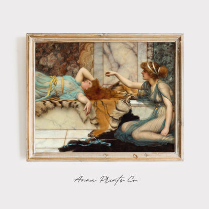 Vintage art print of Mischief and Repose Classical Artwork displayed in wooden frame