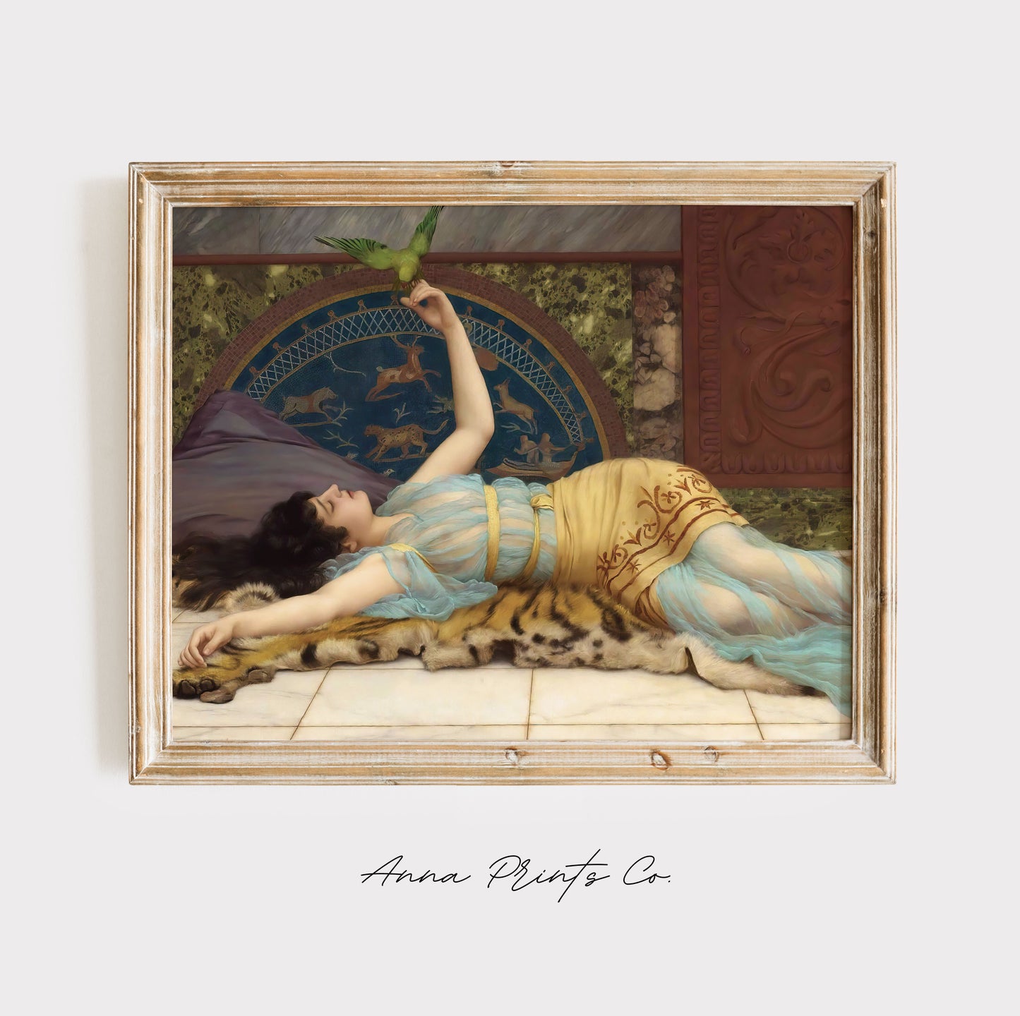 Vintage art print of Dolce far Niente Classical Painting displayed in wooden frame