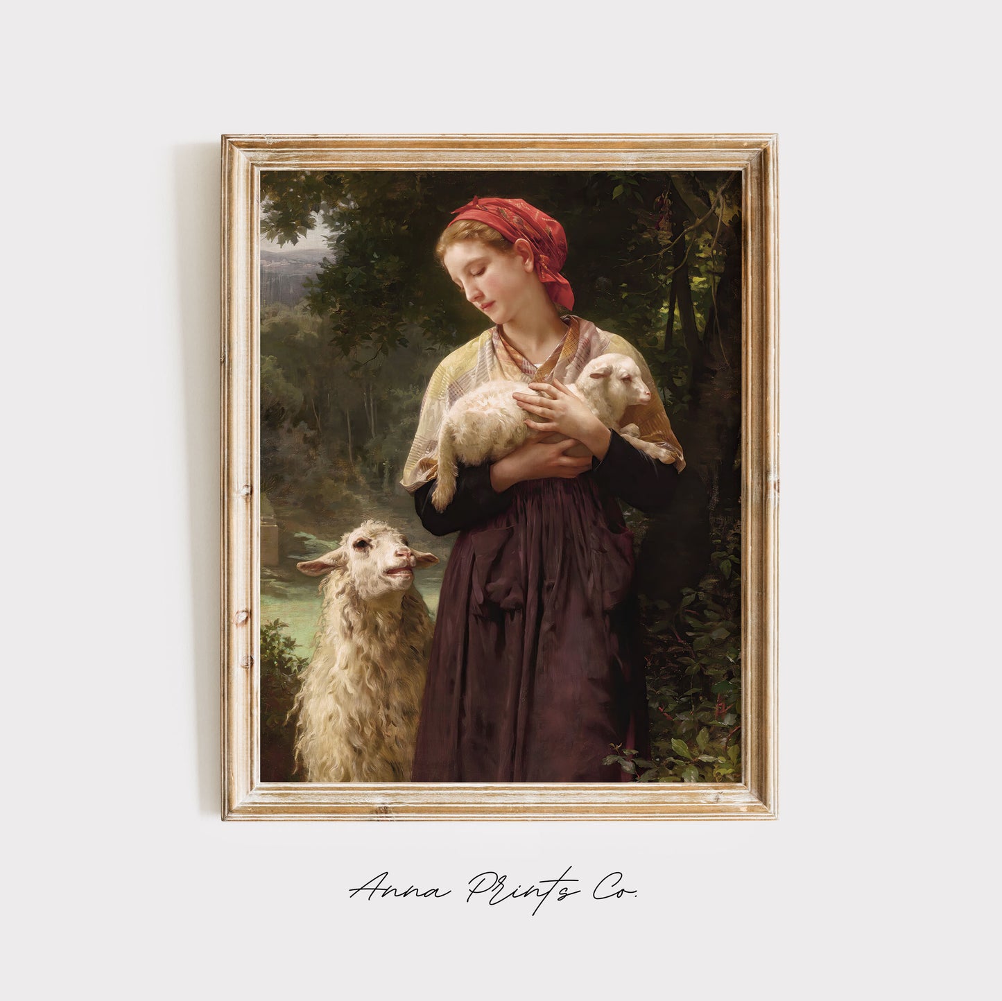 Vintage art print of The Newborn Lamb by Bouguereau displayed in wooden frame
