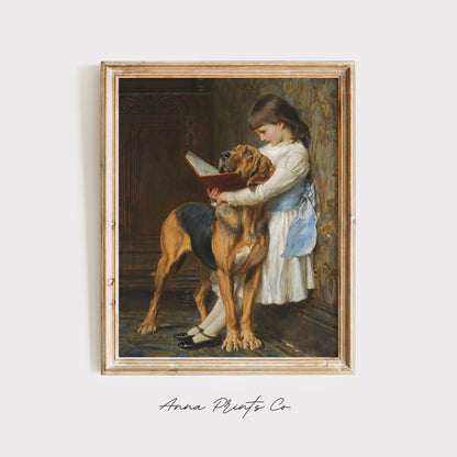 Vintage art print of Girl with Dog Reading Painting displayed in wooden frame