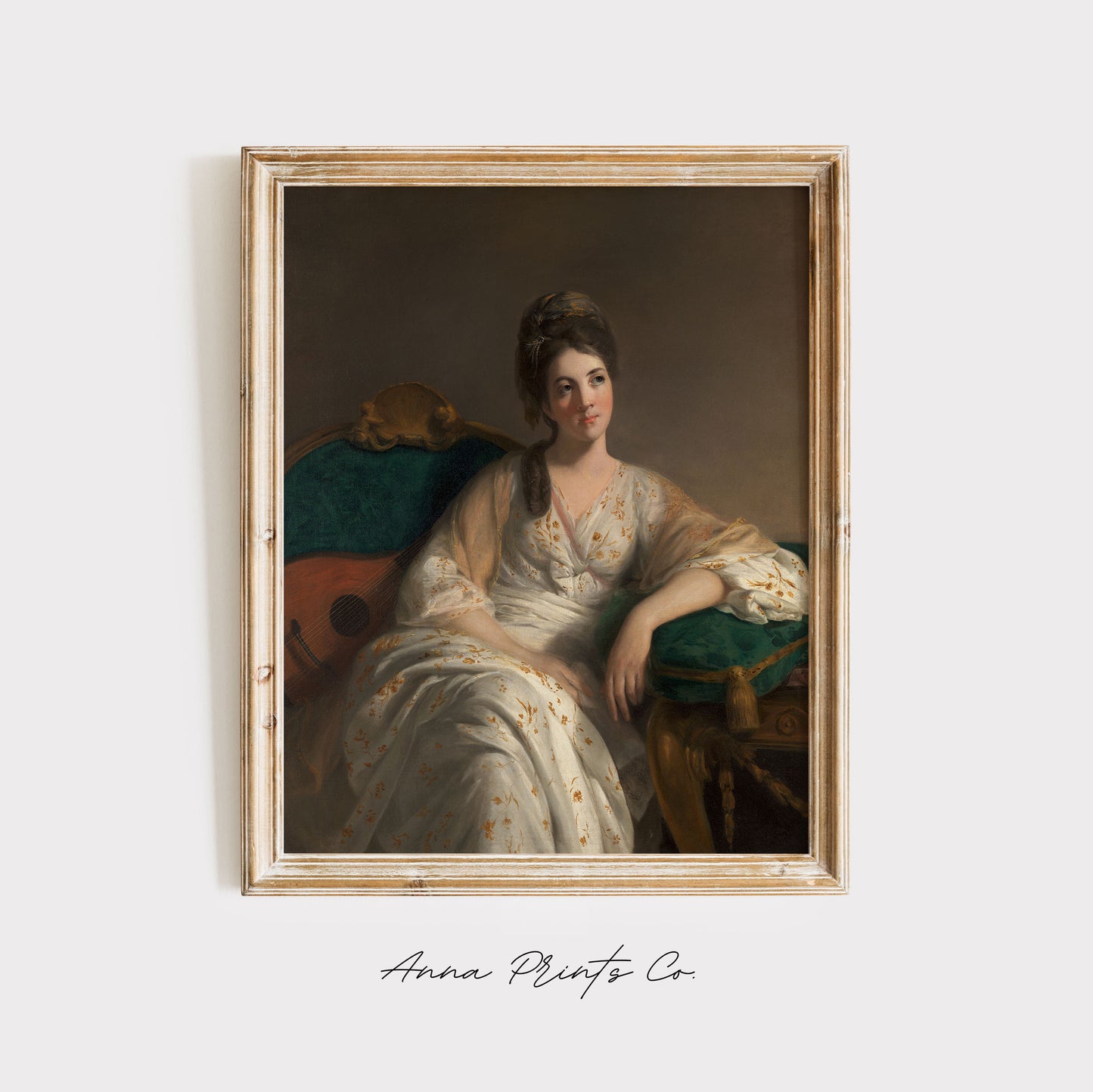 Vintage art print of Elegant Woman Portrait Painting displayed in wooden frame