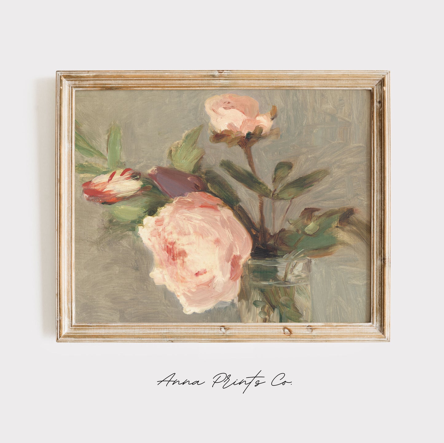 Vintage art print of Peonies by Morisot, horizontal) displayed in wooden frame