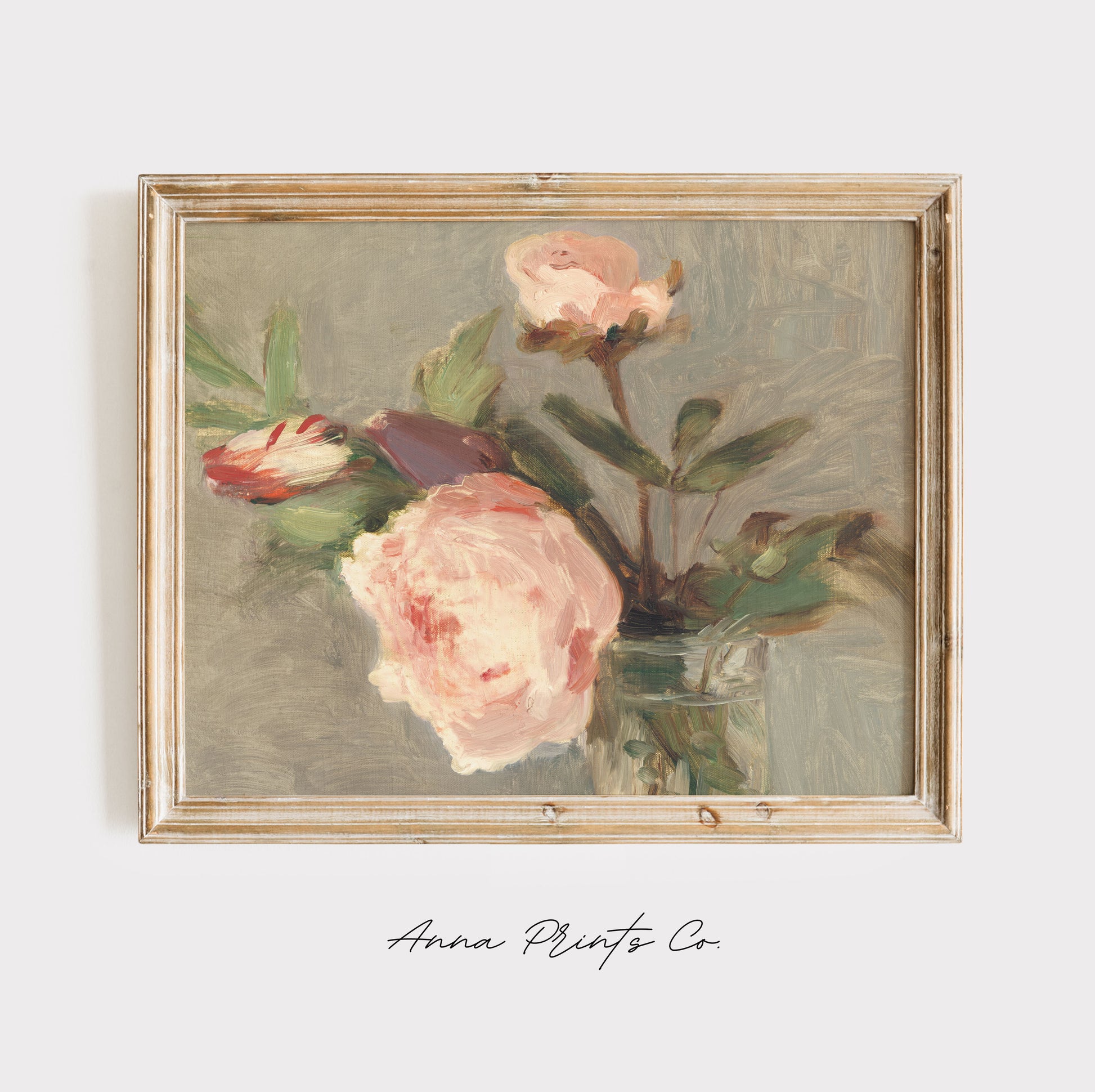 Vintage art print of Peonies by Morisot, horizontal) displayed in wooden frame