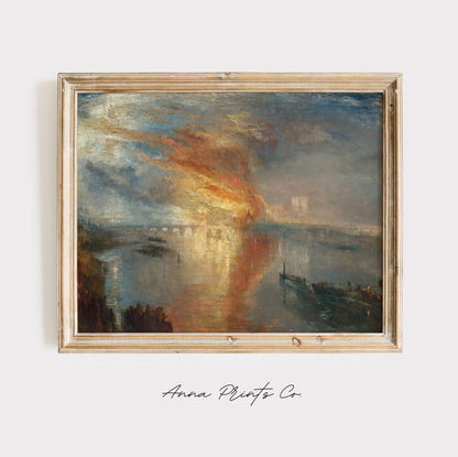 Vintage art print of Burning of the House of Lords Turner displayed in wooden frame