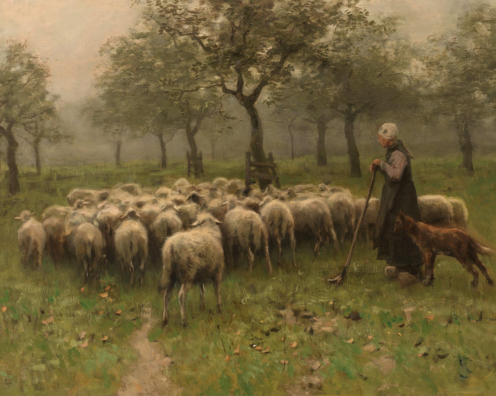 Art print of Shepherdess with a Flock of Sheep by Anton Mauve, c. 1870-1888