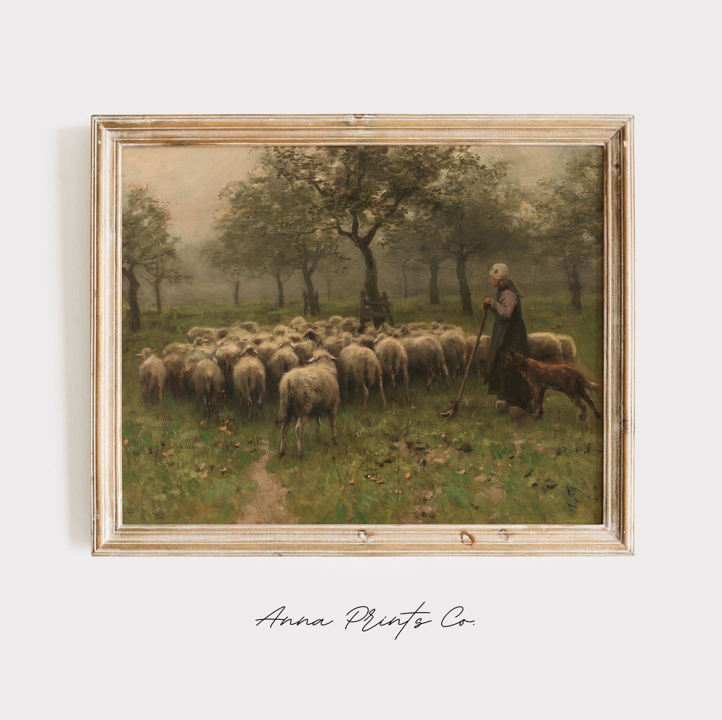 Vintage art print of Shepherdess and Sheep Painting displayed in wooden frame