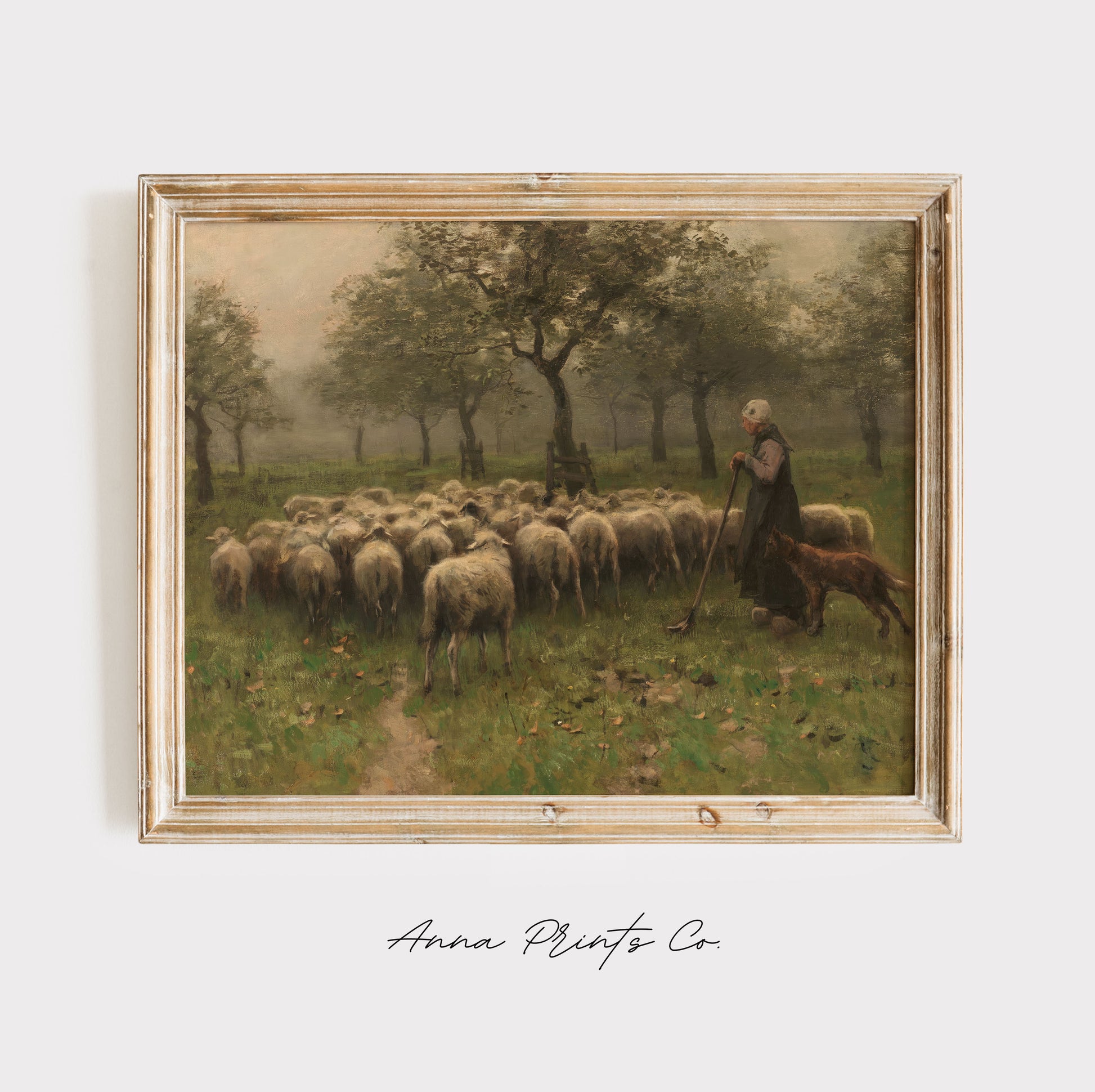 Vintage art print of Shepherdess and Sheep Painting displayed in wooden frame
